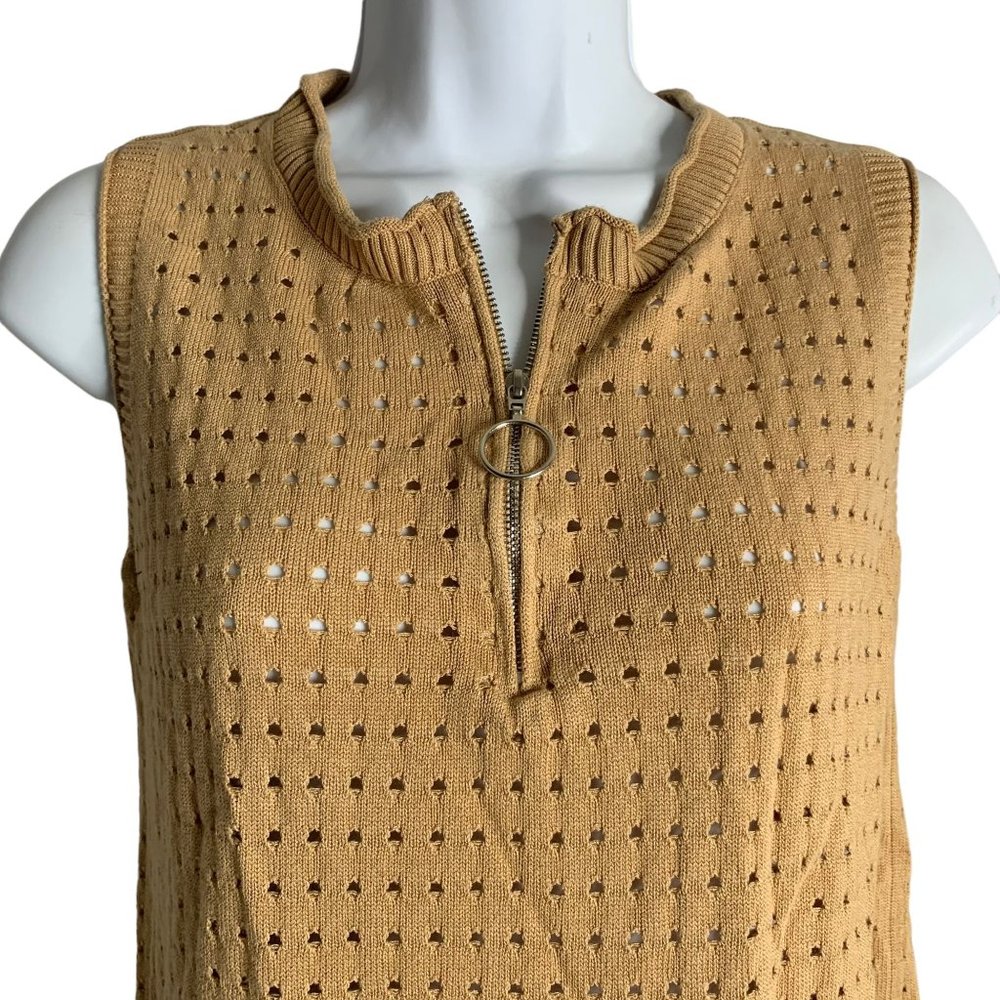 Sleeveless Loose Knit Tank Top M Khaki Tan Quarter Zip Pullover Viscose - Picture 2 of 3